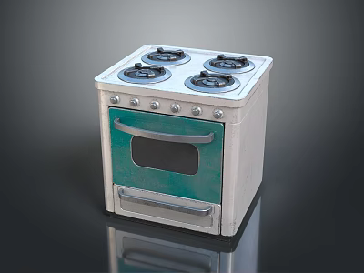 Kitchen Stove With Four Burners Front Knobs And Green Oven Door 3d model