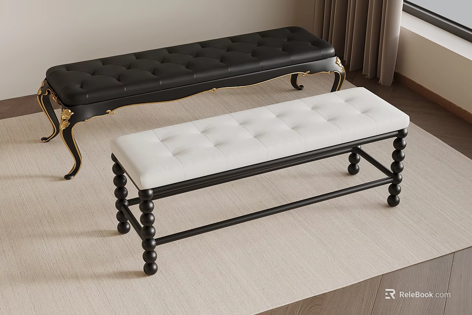 Two Elegant Upholstered Benches With Black White Seats Gold Accents And Decorative Legs 3d model 