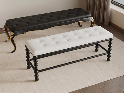 Two Elegant Upholstered Benches With Black White Seats Gold Accents And Decorative Legs 3d model