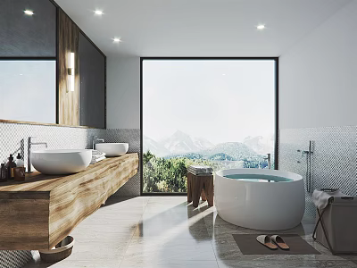 Modern Bathroom Interior With Wooden Countertop Double Sinks Freestanding Bathtub And Mountain View 3d model