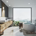 Modern Bathroom Interior With Wooden Countertop Double Sinks Freestanding Bathtub And Mountain View