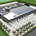 Large Public Building Aerial View With Modern Design Square Parking Lot And Trees