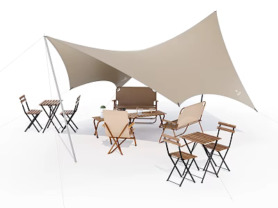 Beige Shade Sail Covering Outdoor Patio With Wooden Tables Chairs And Sofa 3d model