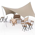 Beige Shade Sail Covering Outdoor Patio With Wooden Tables Chairs And Sofa