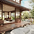 Traditional Tea Room Interior Design With Tatami Flooring Wooden Structure And Greenery View