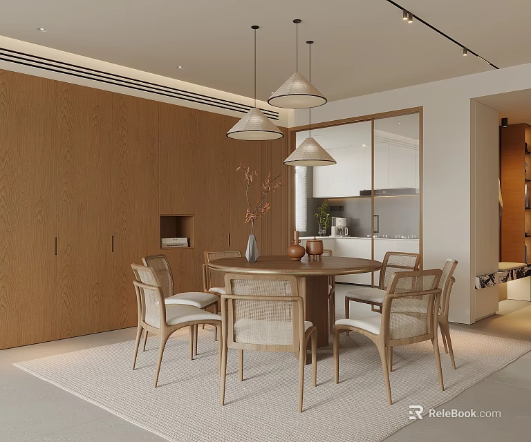 Modern Restaurant Dining Area With Wooden Cabinets Round Table Rattan Chairs And Pendant Lights 3d model 