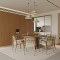 Modern Restaurant Dining Area With Wooden Cabinets Round Table Rattan Chairs And Pendant Lights