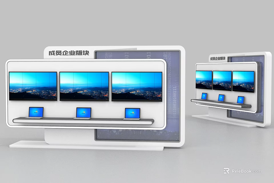 Modern Enterprise Touchscreen Display Wall With Multiple Screens And Laptops 3d model
