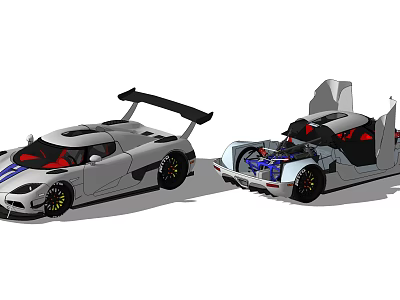 Silver Sports Car Featuring Black Rear Spoiler Red Interior Open Hood And Blue Engine Components 3d model