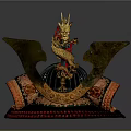 Traditional Samurai Helmet With Golden Dragon Ornament Wing Shaped Sides Red And Orange Decorative Bands