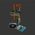 Vintage Vinyl Record Player On Wooden Chair With Vinyl Records And Album Covers