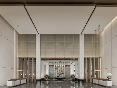 Modern Luxury Hotel Lobby With Decorative Screen Soft Lighting And Reception Desk 3d model