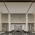 Modern Luxury Hotel Lobby With Decorative Screen Soft Lighting And Reception Desk