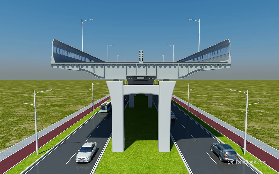 Modern Overpass Structure With Vehicles On Road And Street Lights Near Green Grass 3d model 