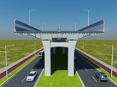 Modern Overpass Structure With Vehicles On Road And Street Lights Near Green Grass 3d model