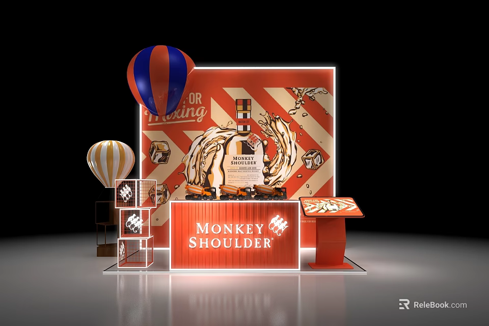 Monkey Shoulder Photo Spot With Red White Striped Background Golden Decorations And Hot Air Balloons 3d model 
