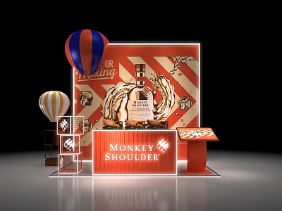 Monkey Shoulder Photo Spot With Red White Striped Background Golden Decorations And Hot Air Balloons 3d model