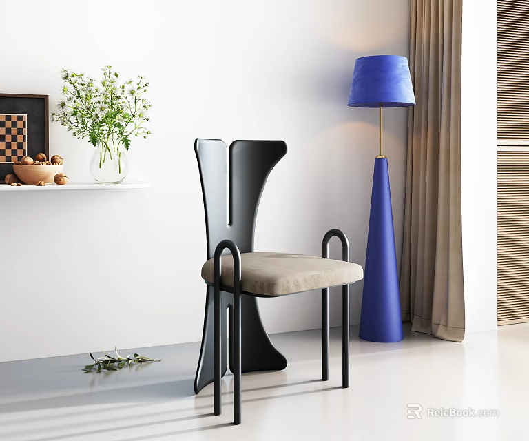 Modern Dining Chair With Black Frame Beige Cushion And Blue Floor Lamp In Minimalist Room 3d model 