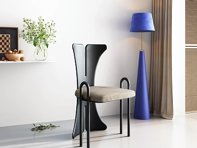 Modern Dining Chair With Black Frame Beige Cushion And Blue Floor Lamp In Minimalist Room 3d model