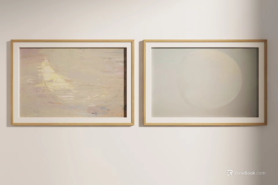 Two Framed Artworks On Wall With Sailing Boat And Circular Design In Wooden Frames 3d model 