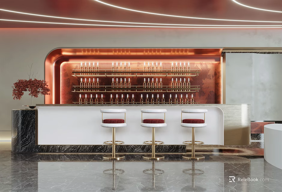 Modern Bar Counter With Copper Shelves Bottles White Countertop And Red Cushion Bar Stools 3d model 