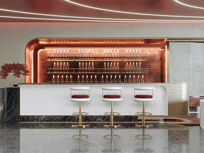 Modern Bar Counter With Copper Shelves Bottles White Countertop And Red Cushion Bar Stools 3d model