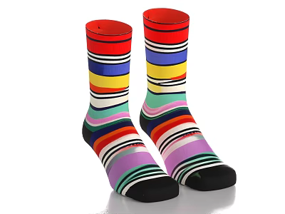 Colorful Striped Crew Socks With Vibrant Multicolored Patterns And Black Toes 3d model