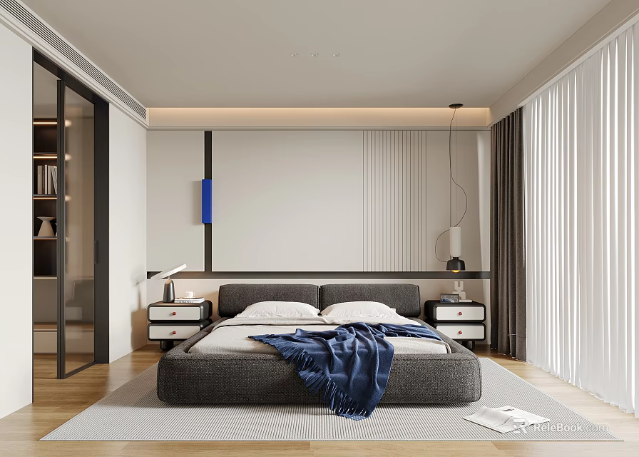 Modern Minimalist Bedroom Interior With Grey Bed Blue Blanket Nightstands And Table Lamps 3d model 
