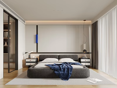 Modern Minimalist Bedroom Interior With Grey Bed Blue Blanket Nightstands And Table Lamps 3d model
