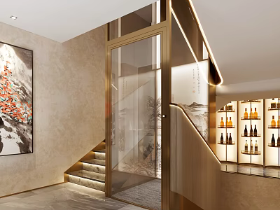 Elegant Modern Elevator With Glass Door Staircase And Wine Rack In Luxury Interior 3d model