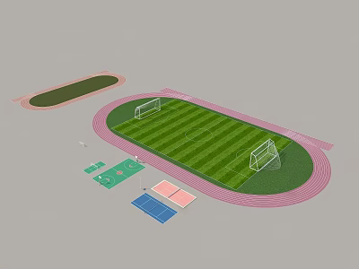 Small Garden Features In Sports Field Design With Green Turf And Red Running Track 3d model