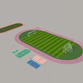 Small Garden Features In Sports Field Design With Green Turf And Red Running Track