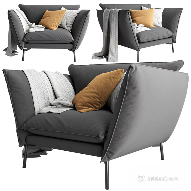 Modern Gray Single Sofa Design With Soft Pillows And Knitted Blanket 3d model