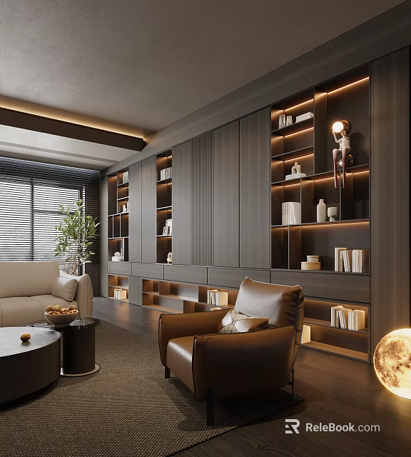 Modern Living Room Interior Design With Grey Display Cabinets Beige Sofa And Brown Leather Armchair 3d model 