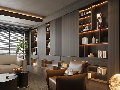Modern Living Room Interior Design With Grey Display Cabinets Beige Sofa And Brown Leather Armchair 3d model