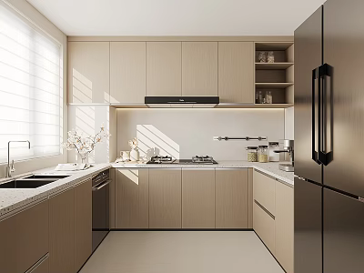 Modern Kitchen Interior Design With Light Wood Cabinets Countertop Stainless Steel Refrigerator And Window Blinds 3d model