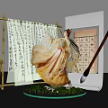 Traditional Costume Calligraphy Scrolls Bamboo Frame Writing Brush Green Base Glowing Edge Photo Spot