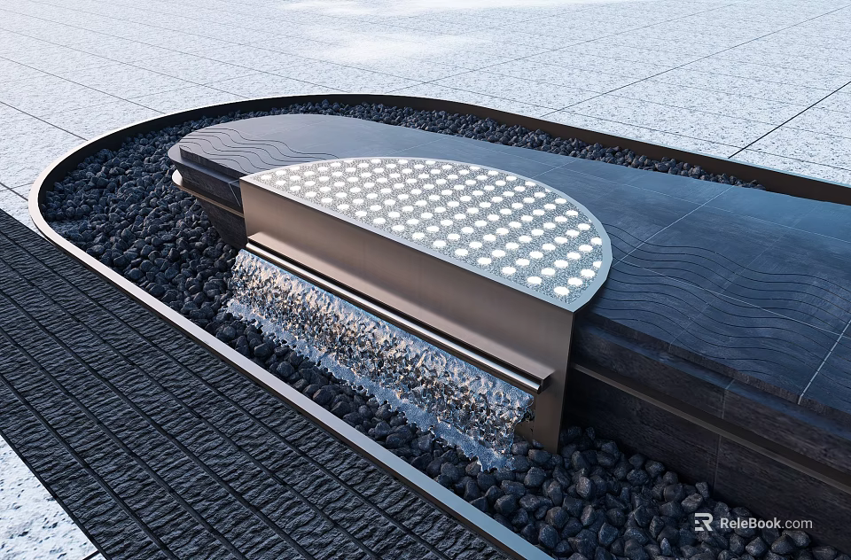 Curved Garden Water Feature With Perforated Top Flowing Water Black Pebbles And Gray Stone Pavement 3d model 