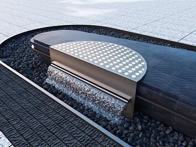 Curved Garden Water Feature With Perforated Top Flowing Water Black Pebbles And Gray Stone Pavement 3d model