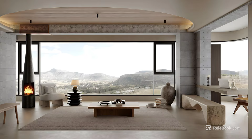 Modern Dining and Living Room With Large Windows Mountain View Wooden Coffee Table Neutral Tones 3d model 