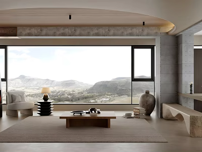 Modern Dining and Living Room With Large Windows Mountain View Wooden Coffee Table Neutral Tones 3d model