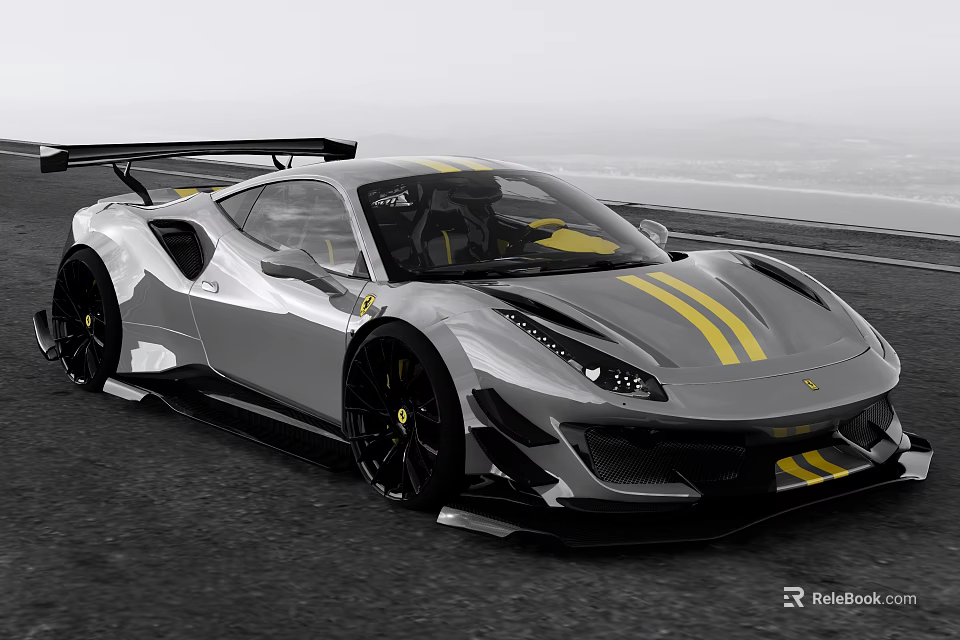 Silver Sports Car With Yellow Stripes Black Rear Wing And Aerodynamic Design 3d model 