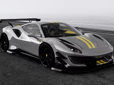 Silver Sports Car With Yellow Stripes Black Rear Wing And Aerodynamic Design 3d model