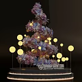 Christmas Tree Decorated With Purple Pink Flowers Yellow Round Lights And Circular Base Light Strips