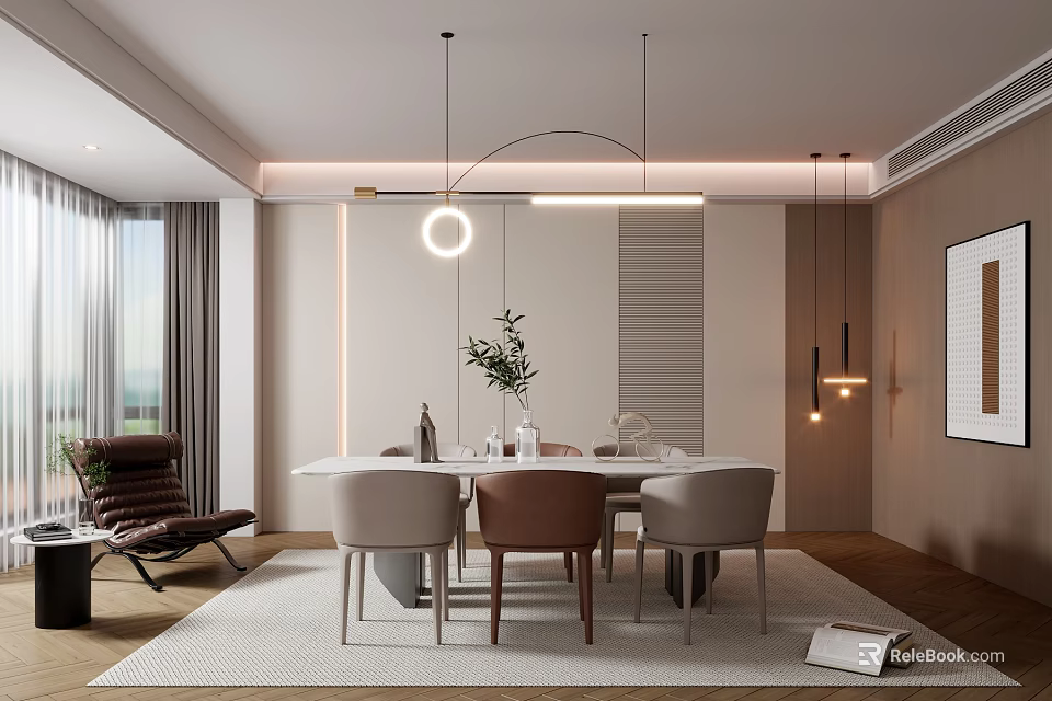 Modern Restaurant Interior With Dining Table Chairs Pendant Lights And Plants 3d model