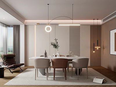 Modern Restaurant Interior With Dining Table Chairs Pendant Lights And Plants 3d model