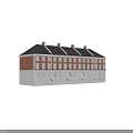 Red Brick And White School Building With Black Roof Multiple Windows And Chimneys