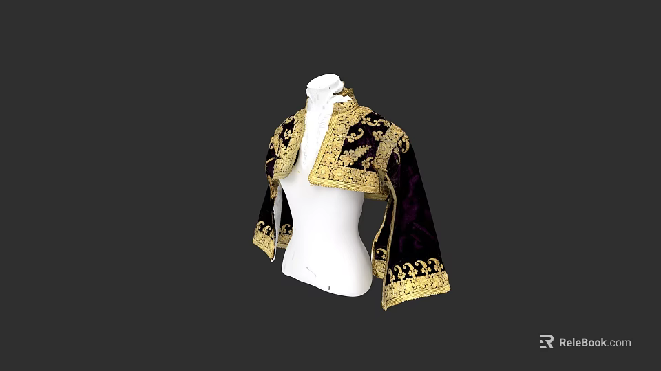 Dark Purple Velvet Cape with Intricate Gold Embroidery and Decorative Collar Design 3d model 