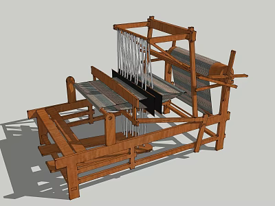 Traditional Wooden Industrial Loom With Weaving Threads And Stable Frame Structure 3d model