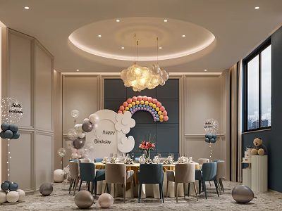 Birthday Themed Private Room With Chandelier Decor Round Table And Chairs 3d model